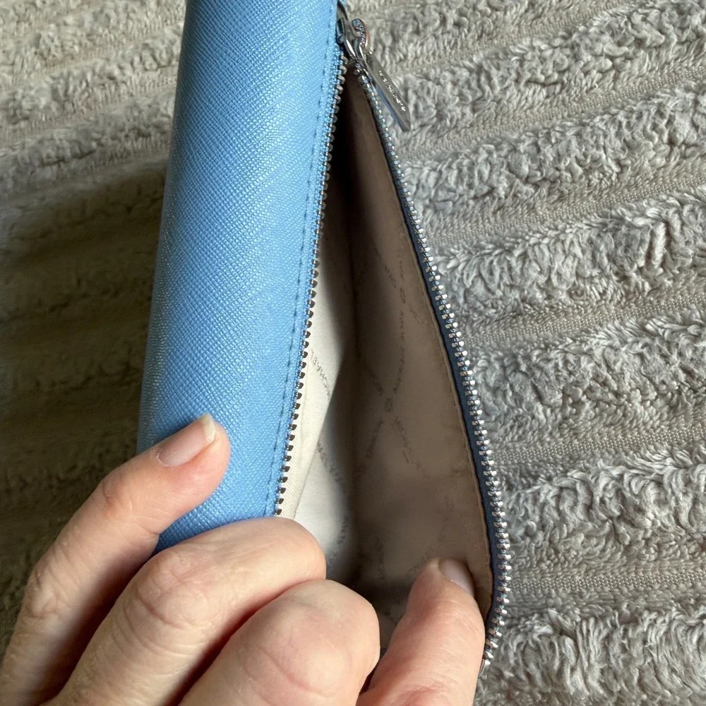 Michael Kors Blue Saffiano Leather Trifold Wallet‎ Silver Hardware